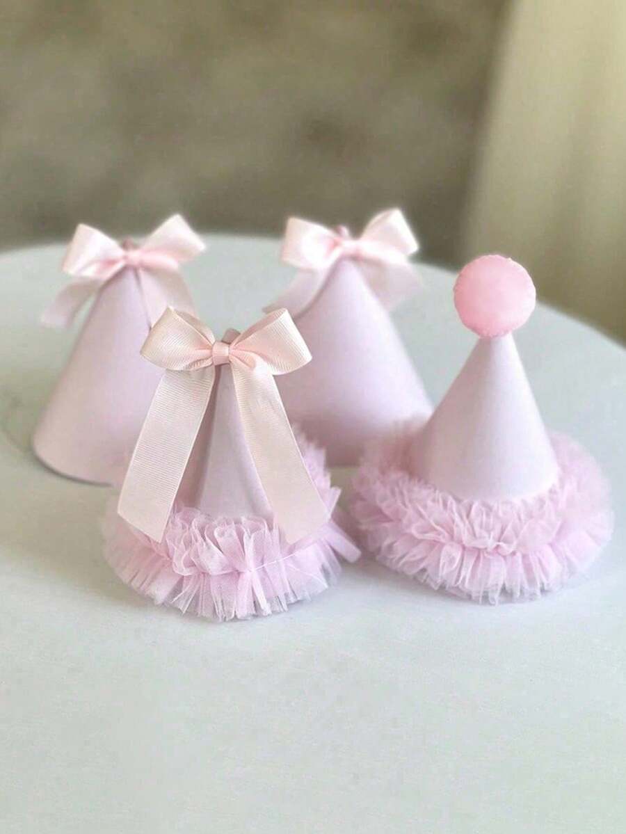 1pc Cute Birthday Party Hat Bow Lace Lace Pink Party Decoration Decoration Photo Props - Multicolor - View 1