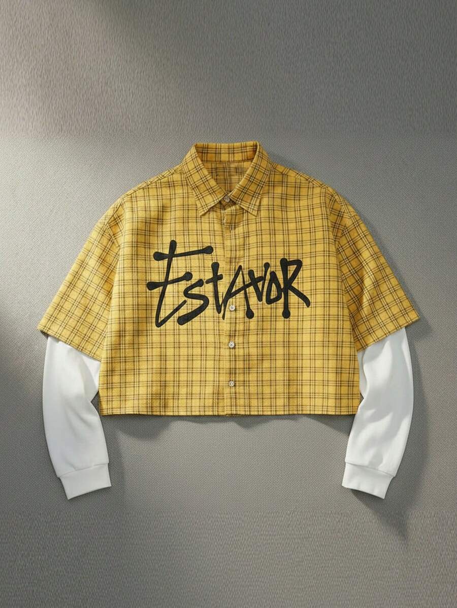 ESTAVOR 男士字母图案二合一长袖格子单排扣休闲衬衫 - 黃色 - 查看 1