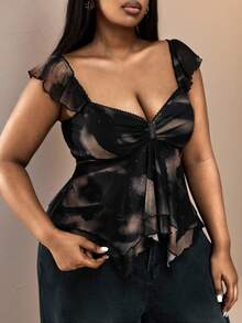 Truni Áo kiểu nữ cỡ lớn in họa tiết nhuộm tie-dye, vạt áo bất đối xứng cho năm mới 2026, phù hợp với dáng người quả lê và tam giác, áo xuyên thấu gợi cảm, áo kiểu nữ cỡ lớn mỏng manh, thích hợp cho mùa hè. - màu đen - Xem 3