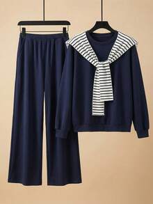 SHEIN LUNE 女士海军蓝条纹披肩领长袖卫衣和松紧腰带口袋裤休闲旅行套装，两件套，女士休闲装。 - 藍色 - 查看 6
