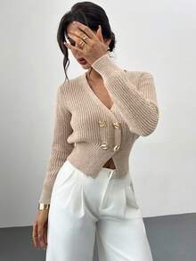 Firerie Casual Women Grey V Neck Rib-Knit Pullover Loose Sweater With Long Drop Shoulder Sleeves - Grey - View 7