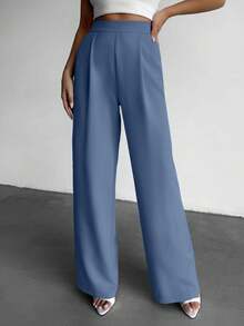 EURMUSE Fashionable Versatile High Waist Wide Leg Solid Color Pants - Dusty Blue - View 3