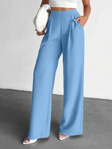 EURMUSE Fashionable Versatile Solid Color High Waist Wide Leg Pants - Baby Blue - View 6