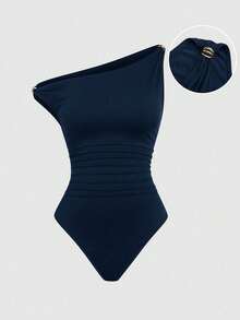 Sweetra Áo liền thân dáng ôm dành cho nữ, màu trơn, vai bất đối xứng, kiểu dáng thường ngày, có trang trí kim loại và bèo nhún. - Màu xanh hải quân - Xem 1