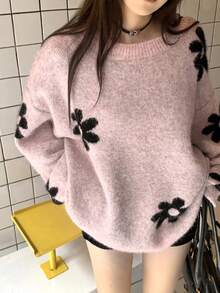 DAZY Women's Floral All-Over Print Loose Fit Crew Neck Casual Sweater - Pink - View 2