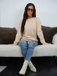 SAYEHFBABY 女士修身圆领罗纹长袖毛衣，带保暖内衬 - 卡其色 - 查看 5