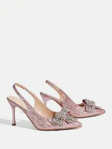 CUCCOO TILAWA Women's Pointed Toe Rhinestone Bow Decor Elegant High Heel Shoes - Pink - View 5