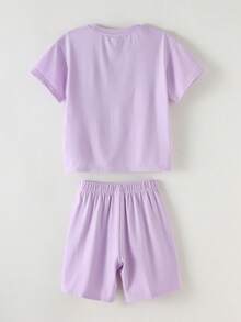 Set de 2 piezas de camiseta de manga corta con cuello redondo holgada y estampado de letras, y shorts holgados para niña joven en color morado - Púrpura malva - Ver 3