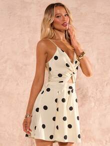 Glamine Women's Deep V Twist Polka Dot Backless Jumpsuit, Spring/Summer - Apricot - View 1