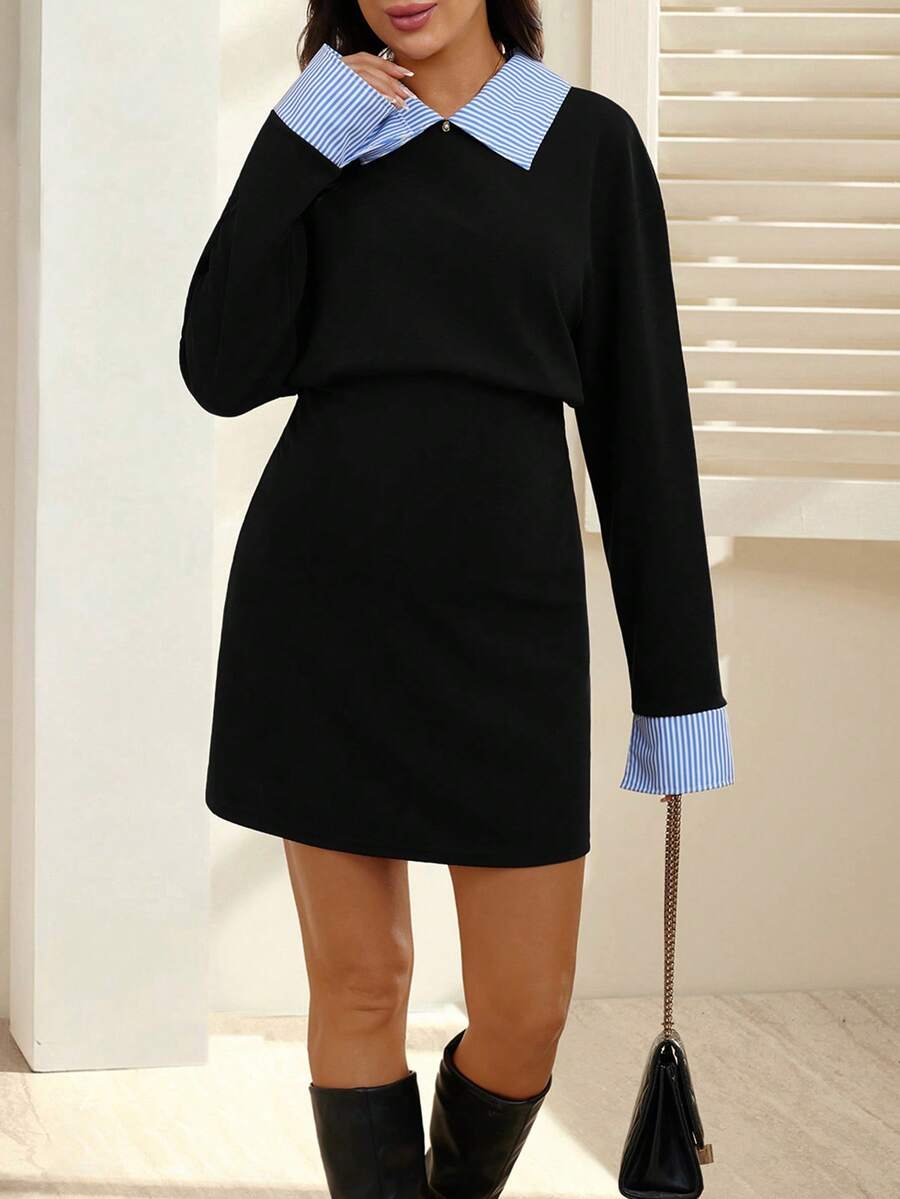 SHEIN Abito da maternità elegante, abito midi a maniche lunghe per donne in gravidanza, versatile per l'ufficio, adatto per l'autunno/inverno - nero - Visualizzare 1