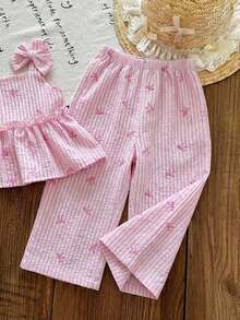 SHEIN LMoss Kids Babygirl Summer Cute Pink Striped Camisole Top And Elastic Waist Pants Set - Pink - View 6