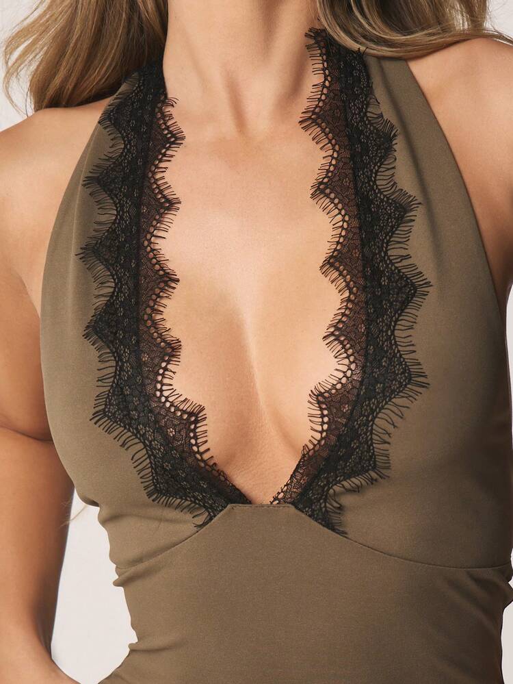 MISSGUIDED Sleeveless Halter Neck Bodycon Mini Dress With Deep V Neckline And Black Lace Trim Detail