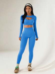 Dewbera Bộ đồ thể thao nữ màu trơn gồm áo hai dây và quần legging. - Màu xanh lam - Xem 4