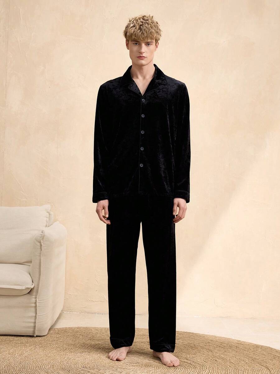 EverLounge Men's Velvet Collar Pajama Set With Double Pants, Elastic Waist, Thickened, No Pockets - Black - View 1