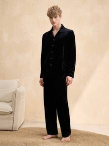 EverLounge Men's Velvet Collar Pajama Set With Double Pants, Elastic Waist, Thickened, No Pockets - Black - View 3