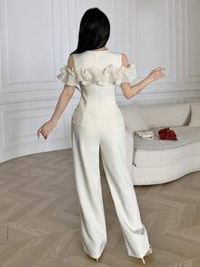 Feyla Women's Solid Color Ruffle Trim Top And Pants Suit - White - View 9