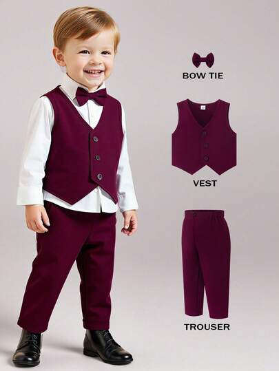男童绅士套装三件套：无袖马甲+领结+长裤，纯色V领三粒扣，适合生日派对、晚宴、演出、婚礼、婴儿洗礼、新年等场合，儿童服装，男婴套装，男童套装