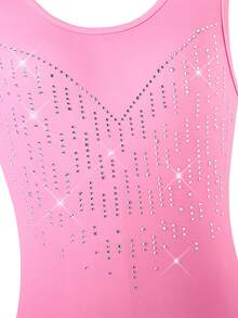 SHEIN 少女扎染渐变粉色连体衣，贴身高弹力舞蹈芭蕾舞紧身衣，镶钻闪亮无袖背心，优雅运动服 - 粉色 - 查看 6