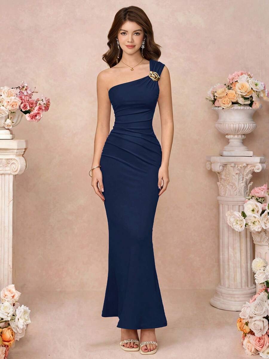 Pitira 少女藏蓝色优雅修身单肩连衣裙 - 藏蓝色 - 查看 1