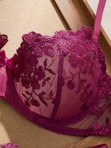 2pcs Mesh Embroidery Women's Lingerie Set - Red Violet - View 5