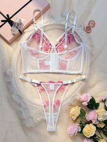 SHEIN 2件套加大码女士酒红色花卉图案钢圈支撑文胸和内裤套装 - 粉色 - 查看 2