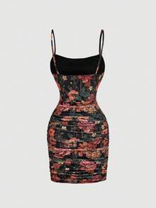 SHEIN MOD 油画风格花卉印花褶皱紧身吊带迷你连衣裙 - 彩色 - 查看 3