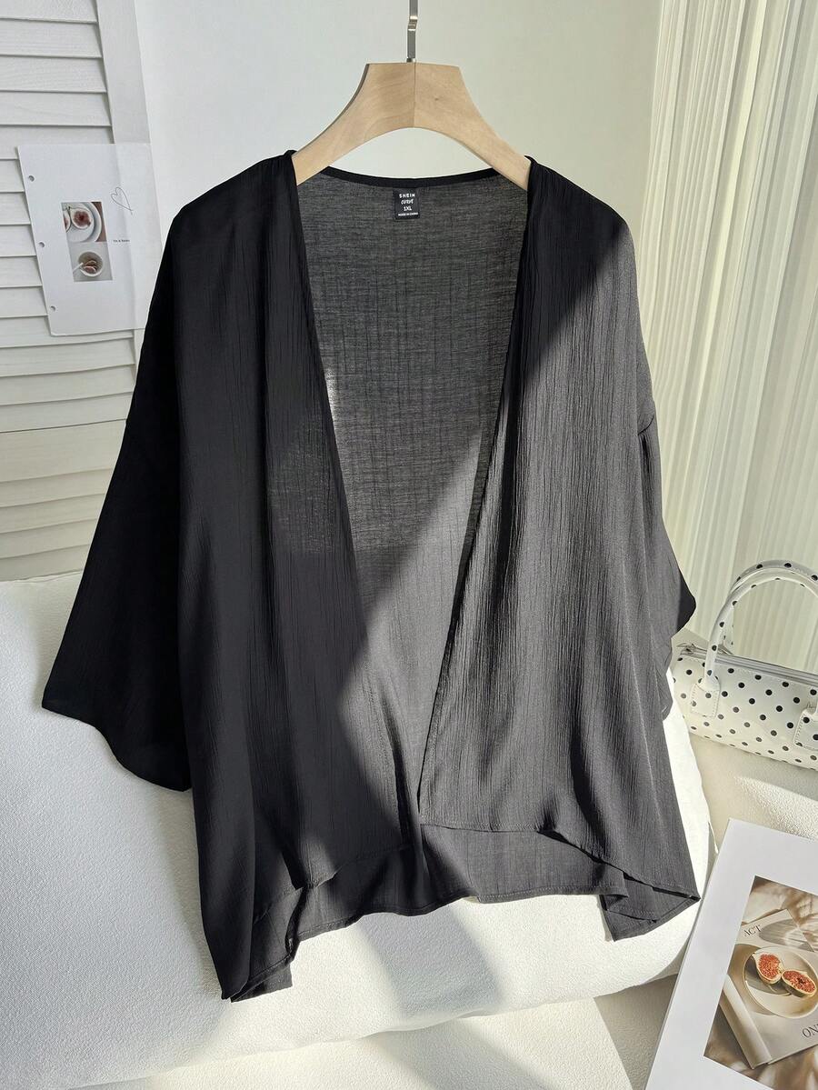 Comfortcana Summer Short Thin Lightweight Textured Plus Size Short Jacket - Black - View 1