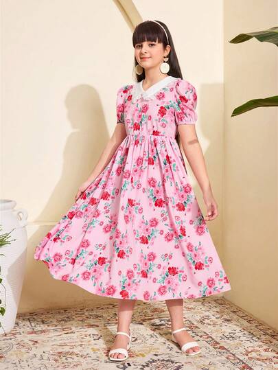 SHEIN Tonårsflickors vit krage med spetskant och blommigt tryck, A-linjeformad klänning med åtsittande midja, söt semesterstil, lämplig för vår/sommar