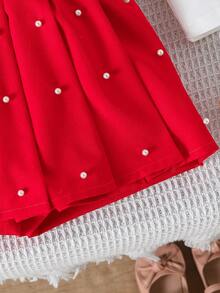 Elladie kids 女童休闲时尚日常街头风圆领长袖蝴蝶结珍珠设计T恤搭配高腰短裙，珍珠设计返校套装，适合假期和圣诞节穿着，红色 - 紅色 - 查看 7