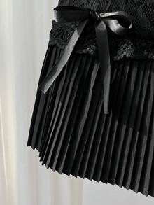 Elamini Chân váy nữ màu đen xếp ly, phối ren tương phản, thắt dây bên hông, kiểu dáng thanh lịch Y2K, gợi cảm, thích hợp cho kỳ nghỉ, dự tiệc. - màu đen - Xem 5