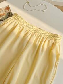 Jouncy 2件套女士度假纯色灯笼袖前系带衬衫和裤子套装 - 黃色 - 查看 8