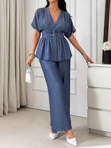 EURMUSE Bộ đồ nữ giả denim – Áo tay ngắn thắt eo và quần ống rộng, bộ đồ phối màu xanh dương thanh lịch thường ngày, Bộ đồ nữ giả denim – Bộ đồ phối màu xanh dương, áo thắt eo, quần ống rộng, bộ hai mảnh thanh lịch thường ngày, thời trang mùa hè, quần áo thoải mái, đồ mặc nhà cho nữ, bộ đồ sành điệu cho công sở hoặc du lịch, chất liệu giả denim. - Màu xanh lam - Xem 5