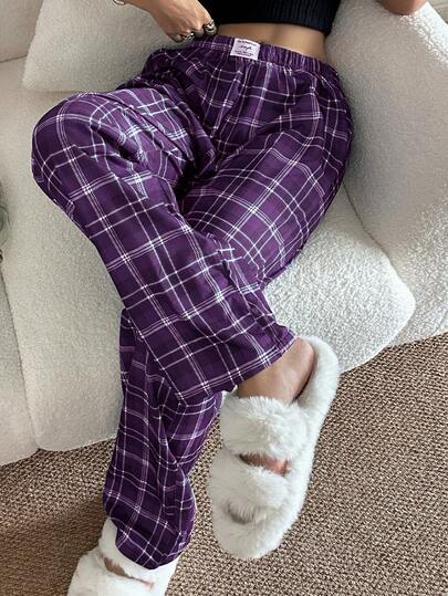 SHEIN Pantalones de estar por casa rectos de cintura elástica con estampado de cuadros para mujer