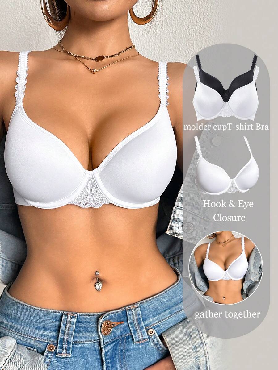 DesireSculpt 2pcs Thin Padded Seamless Lace Patchwork Bra, Simple & Comfortable Everyday Basic Underwire Bra - Multicolor - View 1