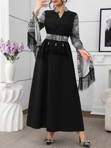 Al Najma Women's V-Neck Tassel Split Dress, Casual Vacation Party Arabic Style Kaftan Jalabiya Dress - Multicolor - View 3