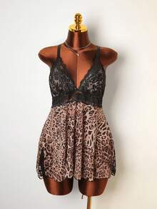 2pcs/Set Romantic Lace & Leopard Print Mesh Sexy Nightgown For Women - Multicolor - View 6