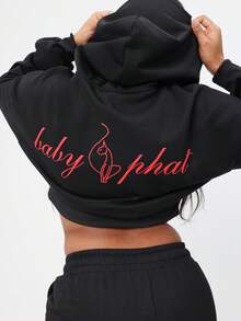 Oversized Cropped Sweatshirt With Text Print Long Sleeve Drawstring Pullover Sweatshirt - Black - View 1