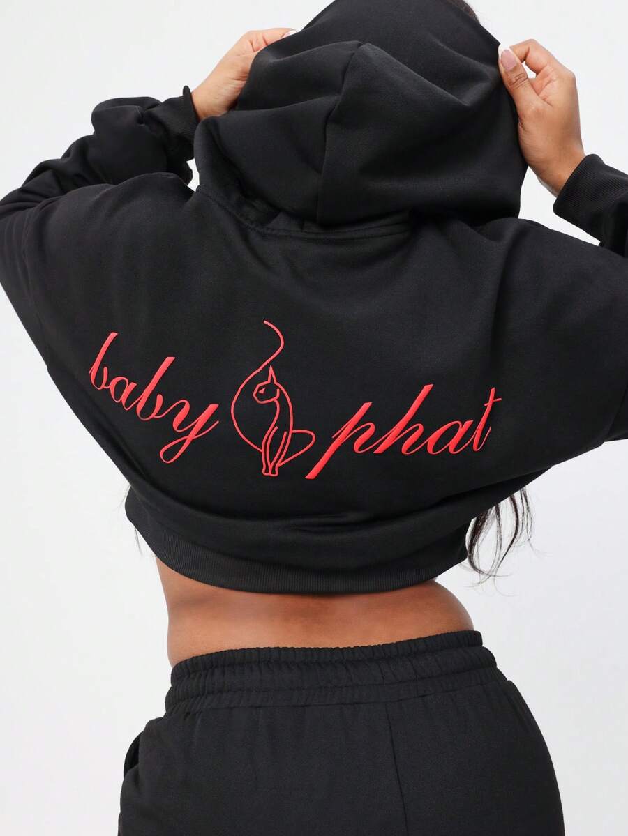 Oversized Cropped Sweatshirt With Text Print Long Sleeve Drawstring Pullover Sweatshirt - Black - View 1