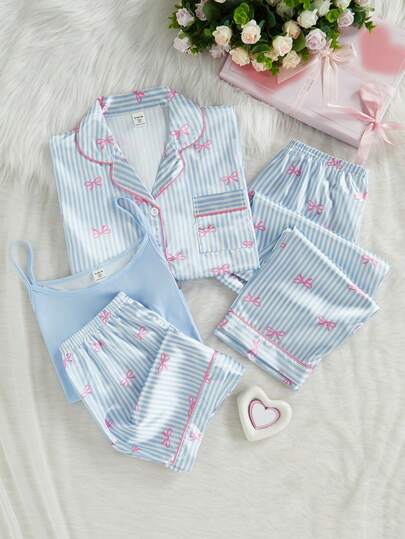 4pcs Sweet Cute Bow & Striped Print Teenage Girls Short Sleeve Cardigan, Camisole, Shorts And Pants Casual Loungewear Set