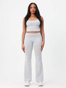 BABYPHAT Casual Lounge Flare Pants With Logo Script Print High Rise Wide Leg Bottoms Comfortable Relaxed Fit Elastic Waistband - Grey - View 4