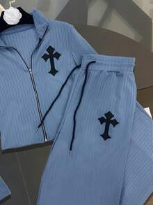 Resyla Women's Cross Embroidery Zip Front Cardigan And Drawstring Waist Pants Casual Suit - Blue - View 3