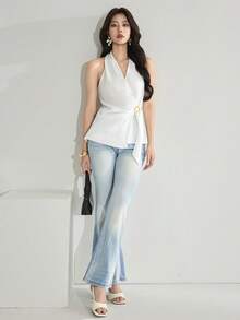 Heiryn New Korean Style Linen-Feel Halter Neck Overlapping V-Neck Pleated Metal Buckle Structured Sleeveless Top - White - View 4