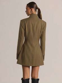 MUSERA 修身收腰漏斗领长袖西装裙，休闲外出日常性感可爱舒适派对优雅别致情人节婚礼宾客毕业舞会 - 橄欖綠 - 查看 2