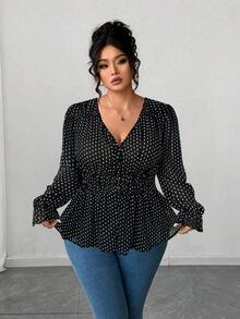 Elenzga Blusa de gasa con volantes en la cintura con estampado floral azul y blanco para mujer de talla grande, diseño elegante de encaje, adecuada para volver al colegio, graduación, San Valentín, festival de música, Día de la Madre, Halloween, Acción de Gracias, Pascua, Día Nacional, baile de graduación, citas, fiestas, bodas, actividades al aire libre - Negro - Ver 3