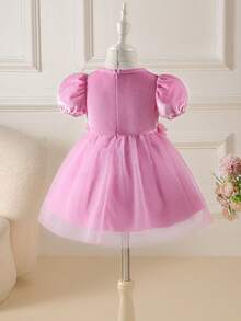 Glamorique Kids 女婴花卉装饰网纱拼接连衣裙，优雅婚礼 - 粉色 - 查看 2