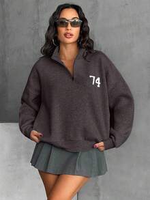 74 Chest Embroidered Snow Melange Zipper Detailed Sweatshirt