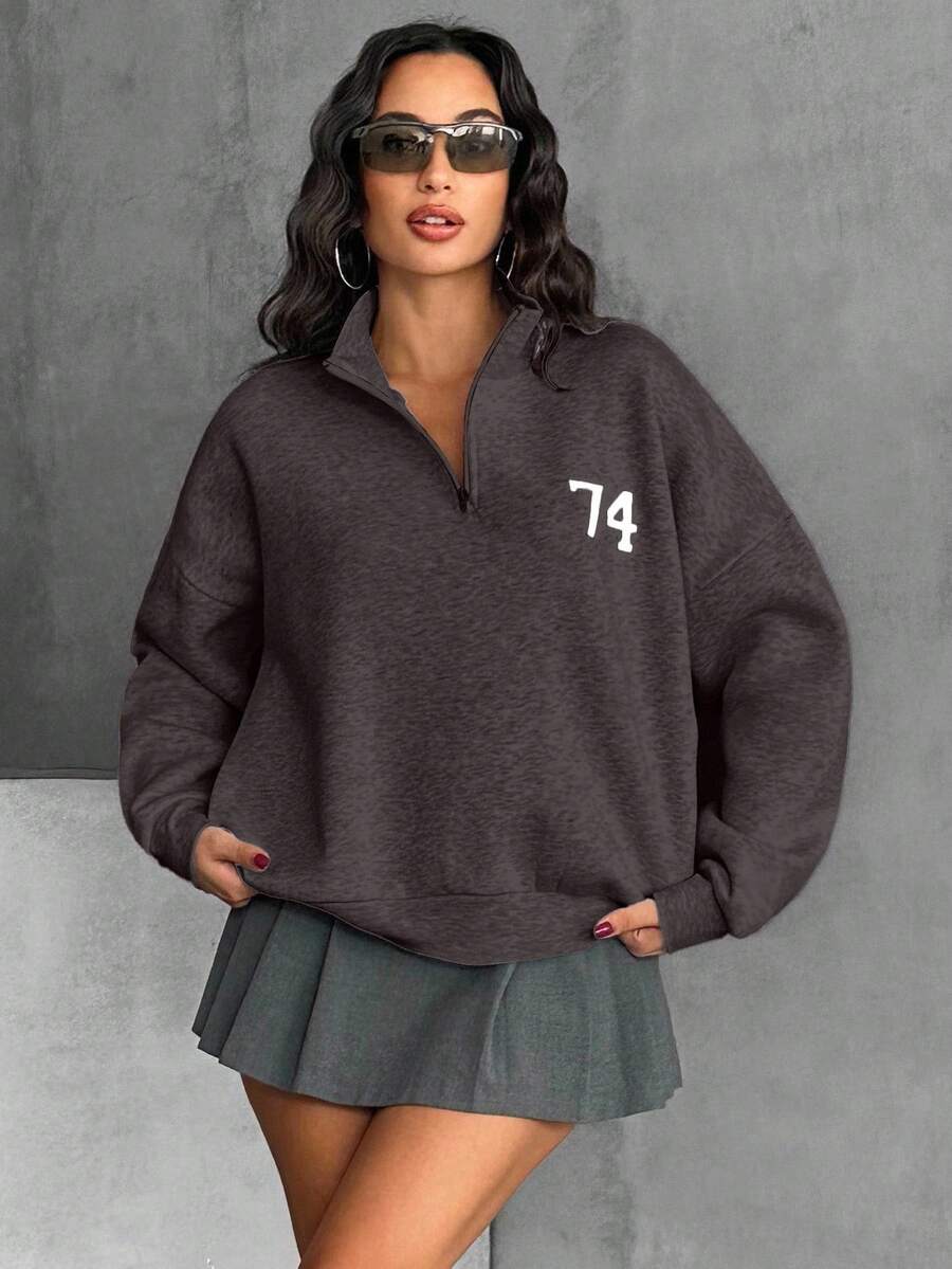 74 Chest Embroidered Snow Melange Zipper Detailed Sweatshirt