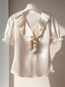 GlowEve CURVE Áo sơ mi cỡ lớn, viền bèo nhún, thanh lịch, thoải mái, đa năng, mặc hàng ngày, tinh tế, sang trọng, giúp thon gọn vóc dáng, thích hợp cho kỳ nghỉ, đám cưới, tiệc tùng. - Màu be - Xem 1