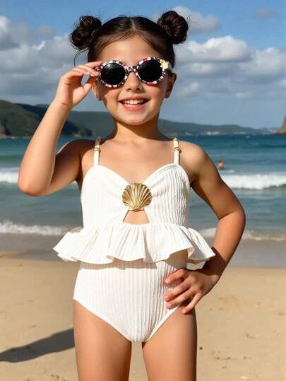 1pc Young Girls One-Piece Swimsuit, Cute Polyester Swimwear Suitable For Summer Swimming, Fashionable Colorful Casual Swimming Suit For Young Girls  White Ruffle One-Piece Swimsuit For Girls Kids White Swimsuit With Ruffles Girls Swimsuit With Seashell Frilled White Kids Bathing Suit Girls Monokini With Ruffle Trim