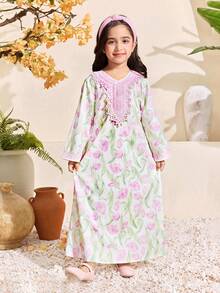 Đầm dài tay cổ chữ V dáng rộng in hoa dành cho bé gái - Nhiều màu - Xem 6